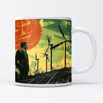 Man Surveying Wind Turbines Solar Panels Retro