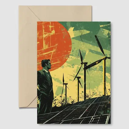 Man Surveying Wind Turbines Solar Panels Retro