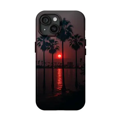 Red Sunset Palm Trees Coastal City View