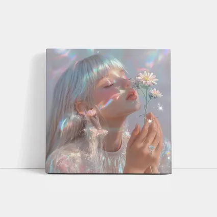 Dreamy Girl Holding Daisies Iridescent Art