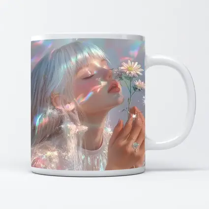 Dreamy Girl Holding Daisies Iridescent Art