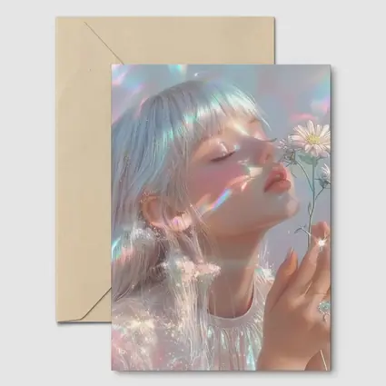 Dreamy Girl Holding Daisies Iridescent Art