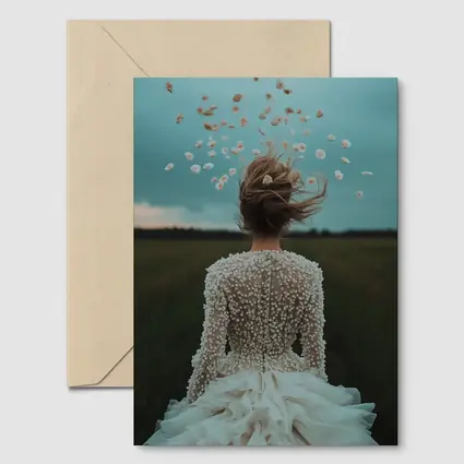 Woman White Dress Petals Flying Field
