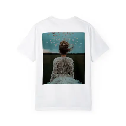 Woman White Dress Petals Flying Field