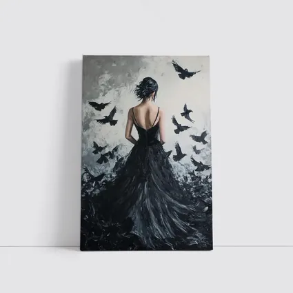 Woman in Black Gown with Flying Ravens