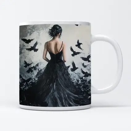 Woman in Black Gown with Flying Ravens