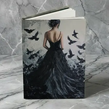 Woman in Black Gown with Flying Ravens