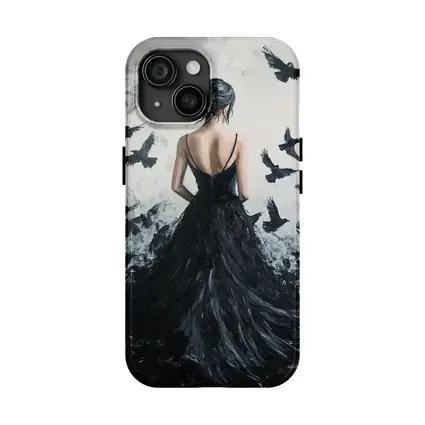 Woman in Black Gown with Flying Ravens