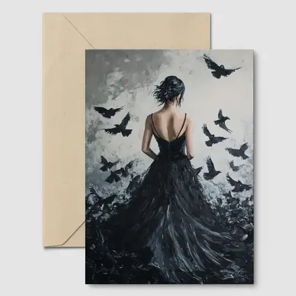 Woman in Black Gown with Flying Ravens
