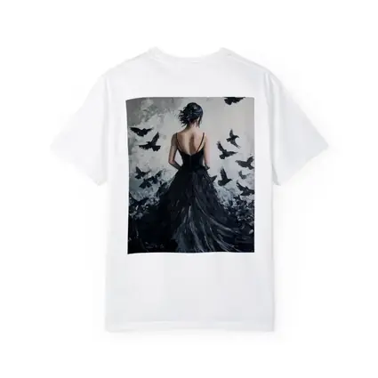 Woman in Black Gown with Flying Ravens