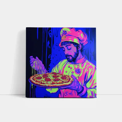 Neon Chef Holding Pepperoni Pizza Dark Background
