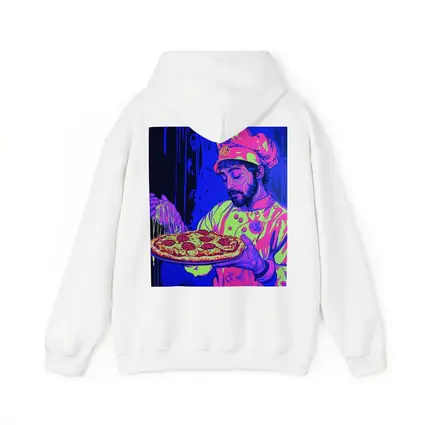 Neon Chef Holding Pepperoni Pizza Dark Background