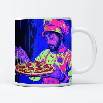 Neon Chef Holding Pepperoni Pizza Dark Background