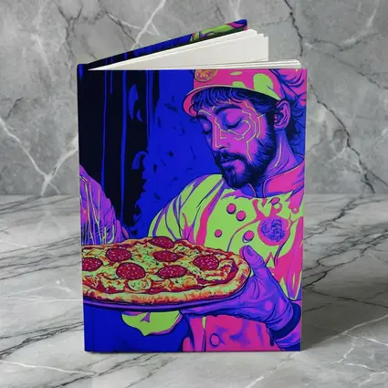 Neon Chef Holding Pepperoni Pizza Dark Background