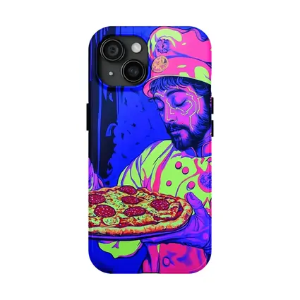 Neon Chef Holding Pepperoni Pizza Dark Background