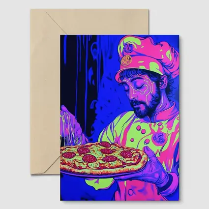 Neon Chef Holding Pepperoni Pizza Dark Background