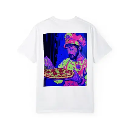 Neon Chef Holding Pepperoni Pizza Dark Background