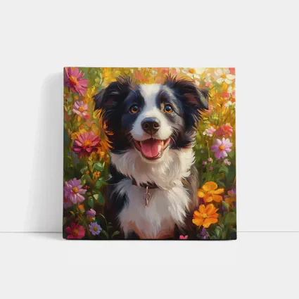 Happy Border Collie Dog Oil Painting Flowers