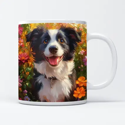 Happy Border Collie Dog Oil Painting Flowers