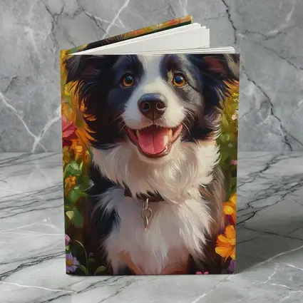 Happy Border Collie Dog Oil Painting Flowers