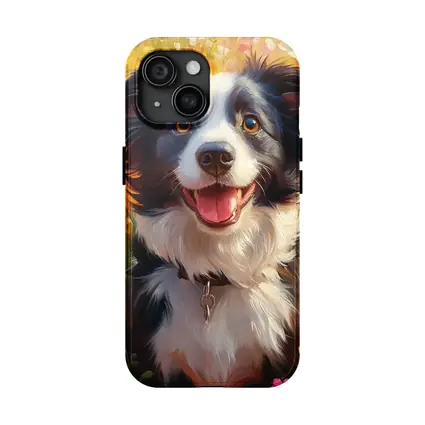 Happy Border Collie Dog Oil Painting Flowers