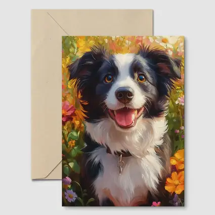 Happy Border Collie Dog Oil Painting Flowers