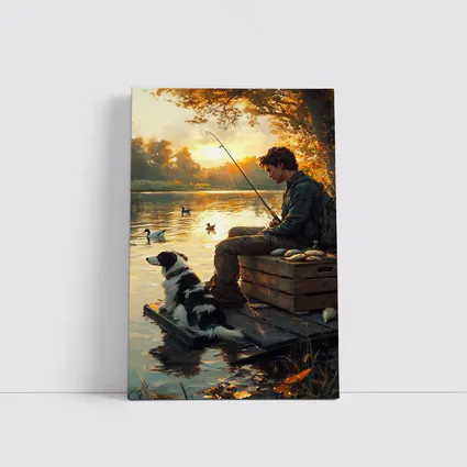 Boy Fishing With Border Collie At Sunset