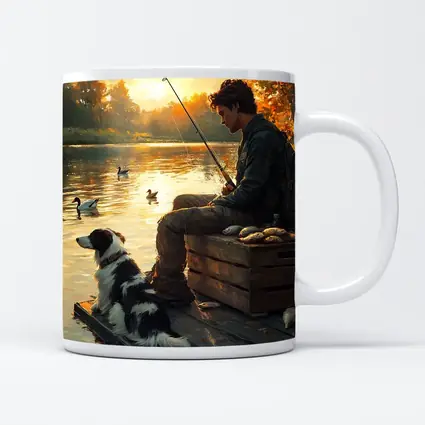 Boy Fishing With Border Collie At Sunset