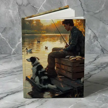 Boy Fishing With Border Collie At Sunset