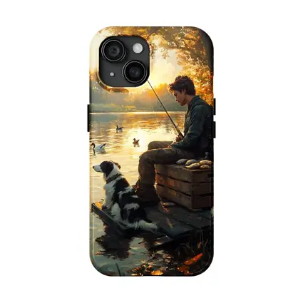 Boy Fishing With Border Collie At Sunset