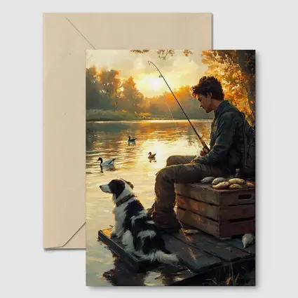 Boy Fishing With Border Collie At Sunset
