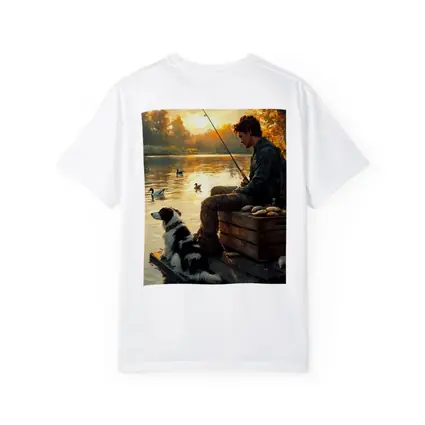 Boy Fishing With Border Collie At Sunset