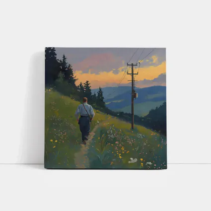 Man Walking Wildflower Path Oil Painting