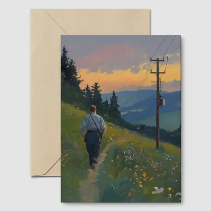 Man Walking Wildflower Path Oil Painting