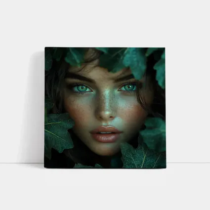 Green Eyed Woman Surrounded By Dark Leaves