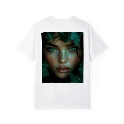 Green Eyed Woman Surrounded By Dark Leaves