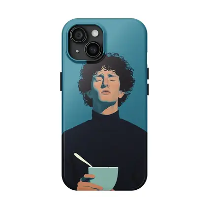 Young Man Holding Bowl Eyes Closed Blue