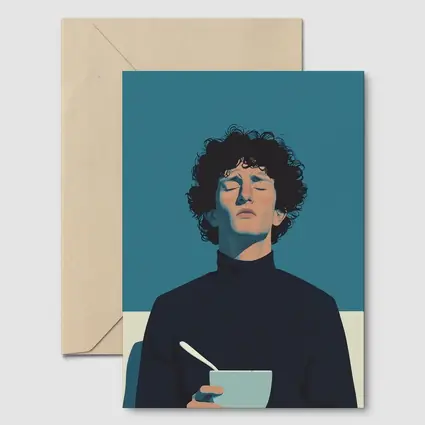 Young Man Holding Bowl Eyes Closed Blue