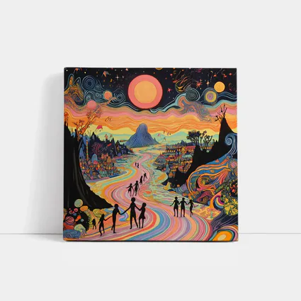 Psychedelic People Walking Colorful Swirling Landscape