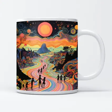 Psychedelic People Walking Colorful Swirling Landscape