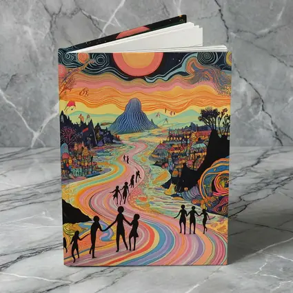 Psychedelic People Walking Colorful Swirling Landscape