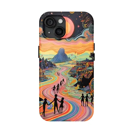 Psychedelic People Walking Colorful Swirling Landscape