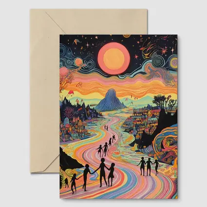 Psychedelic People Walking Colorful Swirling Landscape