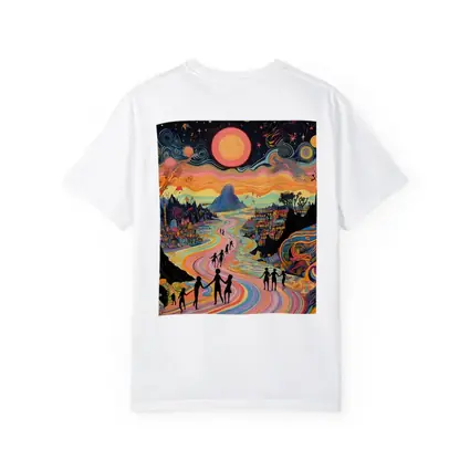 Psychedelic People Walking Colorful Swirling Landscape