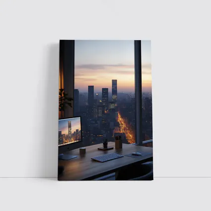 City Skyline Dusk View From Office Desk