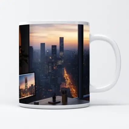 City Skyline Dusk View From Office Desk