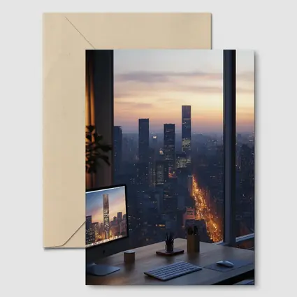 City Skyline Dusk View From Office Desk