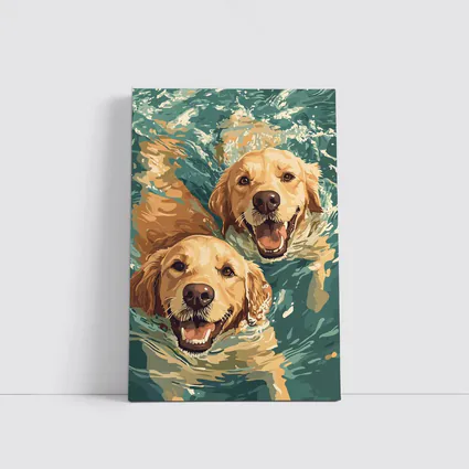 Two Golden Retrievers Swimming in Water