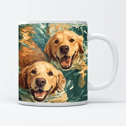 Two Golden Retrievers Swimming in Water