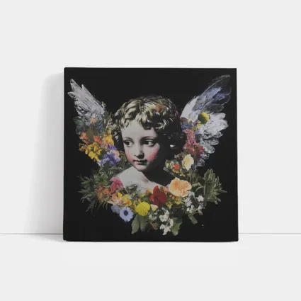 Angel Cherub Floral Wreath Black Background